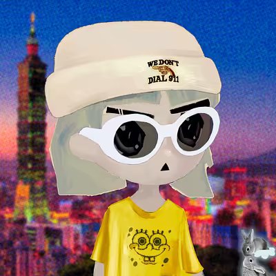 A cartoon avatar of a woman with a boater hat that says 'WE DON'T DIAL 911', white cat-eye sunglasses, and a yellow floral shirt, set against a nighttime city skyline.