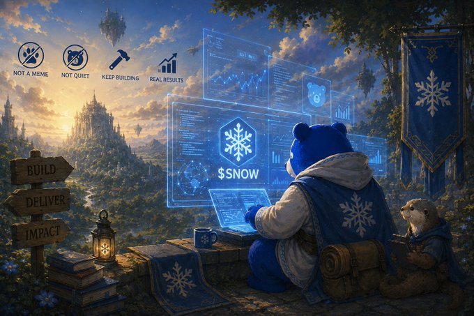 A fantasy digital artwork depicting a blue bear-like character in a hooded cloak working on holographic charts and a laptop labeled '$SNOW', with icons reading 'NOT A MEME', 'NOT QUIET', 'KEEP BUILDING', 'REAL RESULTS' and a signpost showing 'BUILD', 'DELIVER', 'IMPACT'.