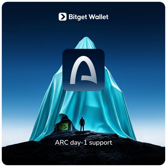 An advertisement for Bitget Wallet displays an app icon over a teal cloth draped over a mountain, with the text 'ARC day-1 support' below.