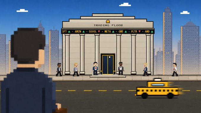 A pixel art illustration of a 'Trading Floor' building displaying stock tickers SFT, AMZN, GOOGL, META, GME, PLTR, and AMD, with suited figures and a yellow taxi outside.