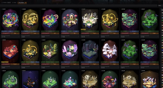 A screenshot of a marketplace showing a grid of various colorful 3D NFT islands or diorams for sale.