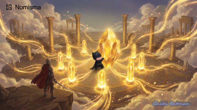 The image features a man dressed as a knight, holding a sword, standing next to a large golden gemstone surrounded by numerous smaller golden gemstones. The scene takes place in an area with columns and pillars, suggesting that they are located within a castle or similar structure. The background is filled with clouds, creating a dramatic atmosphere for the scene. The image also contains text elements such as "Nomisma" and "@NomismaNetwork", which may be related to the narrative of the post or the artist's name.