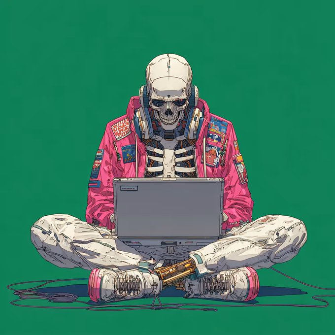 The image features a skeleton wearing headphones, sitting cross-legged with its legs crossed while using a laptop computer. The skeleton has a pink jacket and white shoes, giving off an artistic vibe. The background of the image is green, which contrasts with the skeleton's appearance. There are also two small objects in the scene - a mouse and a keyboard.
