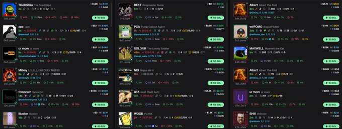 A dark-themed dashboard showing multiple crypto token listings with prices, market caps, and 24h change percentages, including tokens like TOKOUGA, REKT, Albert, POA, wifFOMO, SOLDIER, MAXWELL, Milady, NDA, farncoin, GTA, and WOOD.