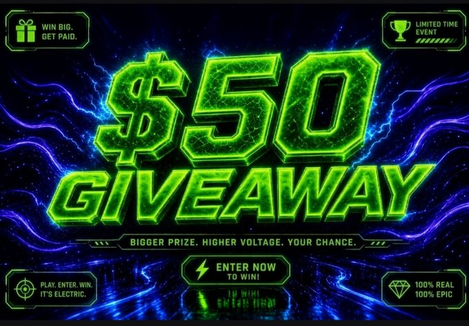 A neon-styled promotional graphic for a '$50 GIVEAWAY' with green and blue electric design elements and text including 'WIN BIG. GET PAID.' and 'ENTER NOW TO WIN!'.