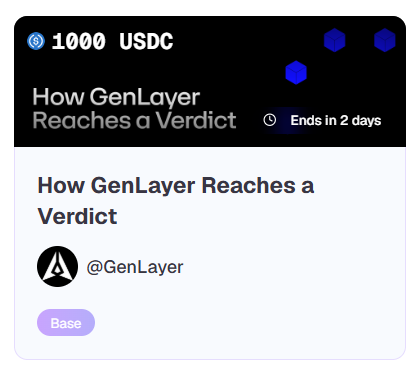 The image shows a Rally on-chain campaign card offering a 1000 USDC reward for "@GenLayer" titled "How GenLayer Reaches a Verdict," with the campaign ending in 2 days and tagged with the "Base" network. It visually represents the Genlayer points campaign mentioned in the post, highlighting both the reward amount and the limited time remaining to participate.