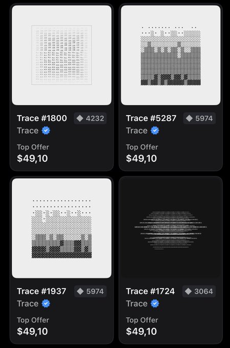 A digital marketplace interface displaying four NFT-style artwork listings labeled 'Trace #1800', 'Trace #5287', 'Trace #1937', and 'Trace #1724', all priced at $49.10 top offer.