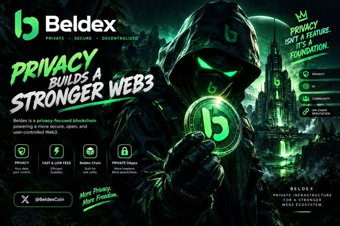 A promotional graphic for Beldex, featuring a hooded figure holding a coin, with the tagline 'PRIVACY BUILDS A STRONGER WEB3' and bullet points for privacy, low fees, real utility, and dApps.