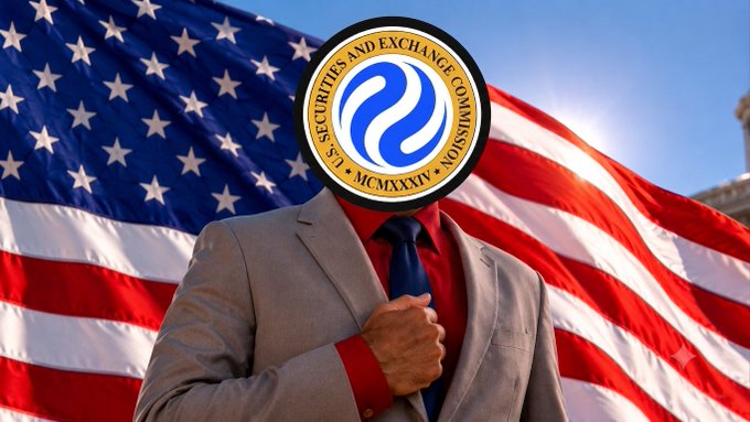 A man in a beige suit with red shirt and tie adjusting his jacket, his head replaced by the U.S. Securities and Exchange Commission (SEC) seal, against an American flag backdrop.