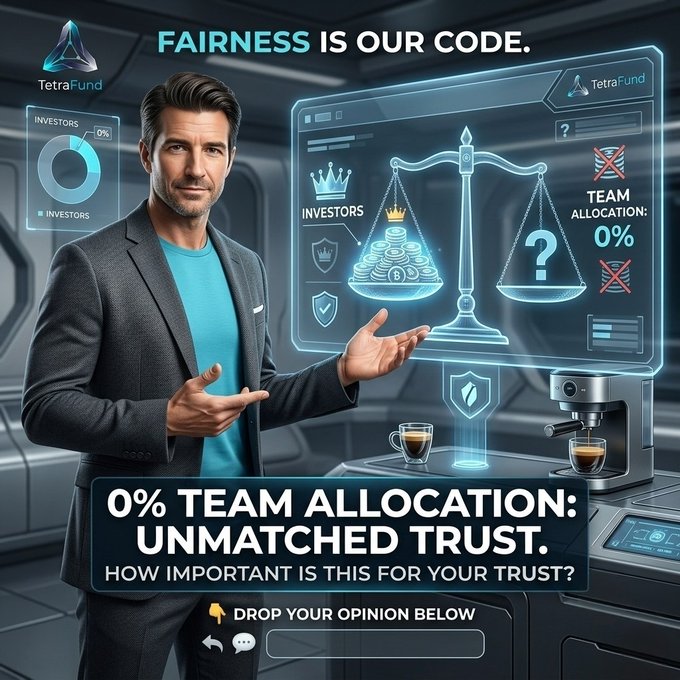 A promotional graphic for TetraFund featuring a man in a suit next to a digital scale graphic; text reads 'FAIRNESS IS OUR CODE.', 'INVESTORS', 'TEAM ALLOCATION: 0%', and '0% TEAM ALLOCATION: UNMATCHED TRUST. HOW IMPORTANT IS THIS FOR YOUR TRUST?'