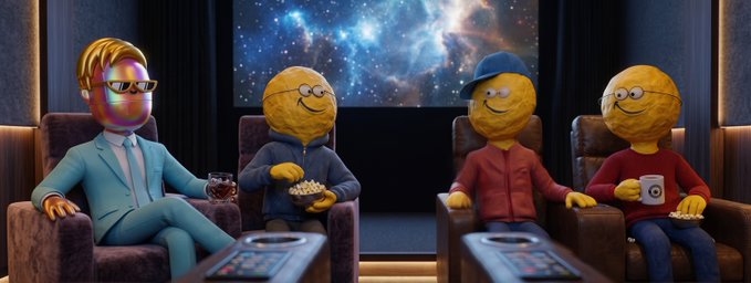 A 3D-rendered scene shows four characters seated in armchairs in a theater-like setting with a cosmic screen behind them; a man in a blue suit and sunglasses sits beside three figures with round, textured, potato-like heads, one wearing a blue cap and another holding popcorn.