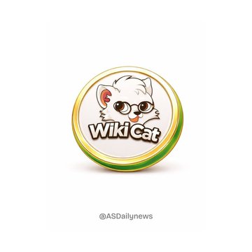 A circular WikiCat logo featuring a cartoon white cat with pink cheeks inside a green and yellow border, with "Wiki Cat" text in white and green lettering, sits above the watermark "@ASDailynews." The image serves as the branding for the post announcing WikiCat ($WKC) closing in on a $40 million market cap after a 34.7% 24-hour rally.