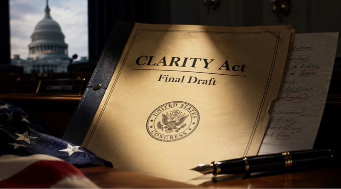 A dramatic image showing a 'CLARITY Act Final Draft' document with the United States Congress seal, set on a desk with an American flag and pen, with the U.S. Capitol visible through a window in the background.