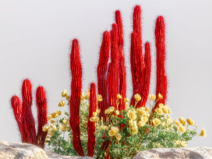 An artistic rendering shows tall red spiky cactus-like structures surrounded by yellow flowers and green foliage against a pale sky.