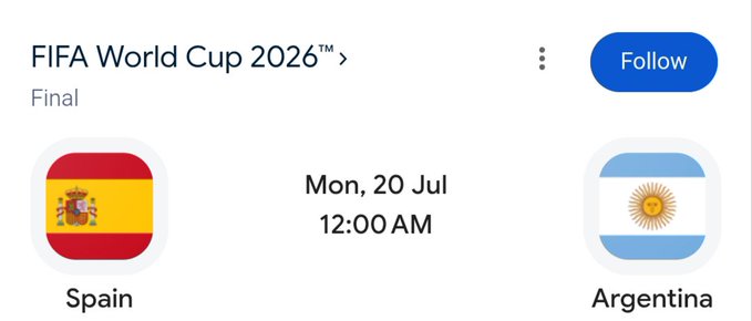 The image shows a sports event page for the FIFA World Cup 2026 Final between Spain and Argentina, scheduled for Monday, 20 July at 12:00 AM. The post ties into this by announcing a $5,000 prize giveaway to 50 people who can correctly predict the score of this match.

**Possible caption:** "FIFA World Cup 2026 Final matchup: Spain vs Argentina on Mon, 20 Jul at 12:00 AM — guess the score and you could win $5,000!"