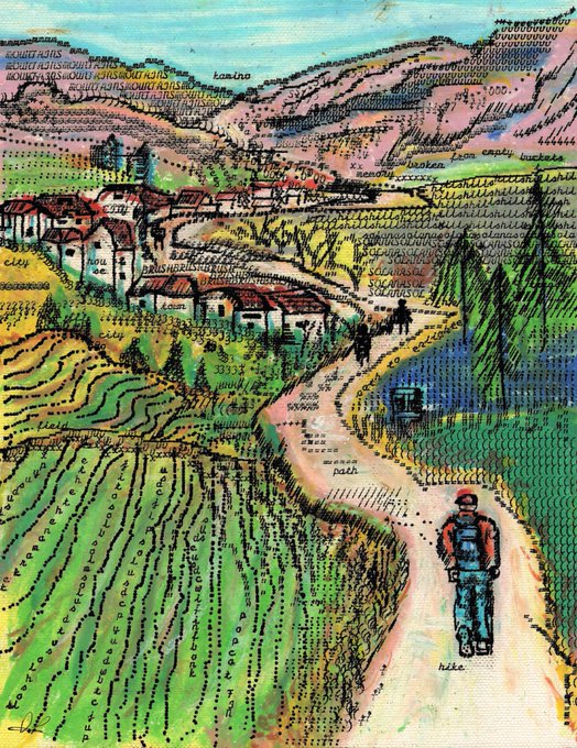 A vibrant typewriter-style landscape illustration shows a hiker on a winding path leading toward a distant village nestled in rolling hills, with words like "mountain," "path," "here," and "koya" woven throughout the scenery. The piece visually echoes the post's theme of art as a pathway to the heart, depicting a literal journey through a text-laced countryside that mirrors the artist's invitation to help activate dreamers across the Solana community.
