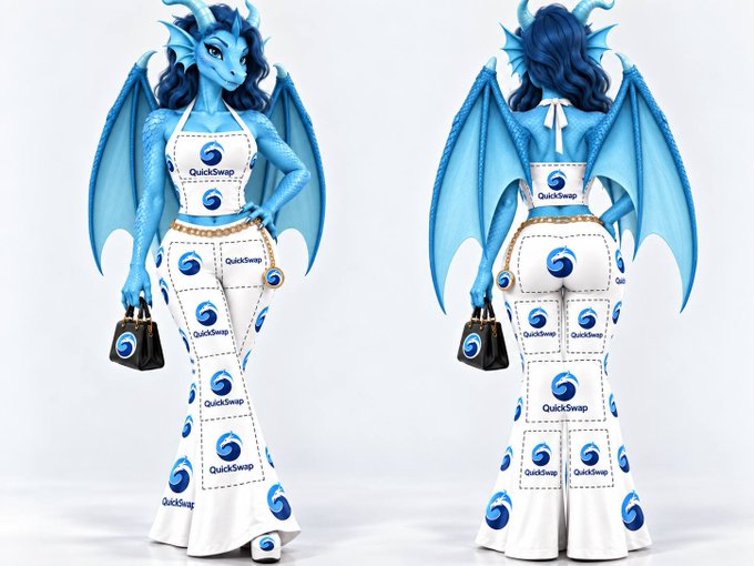 A dragon mascot modeling a two-piece outfit made entirely of "QuickSwap" branded tiles, presenting a brand proposal for "dragons everywhere."