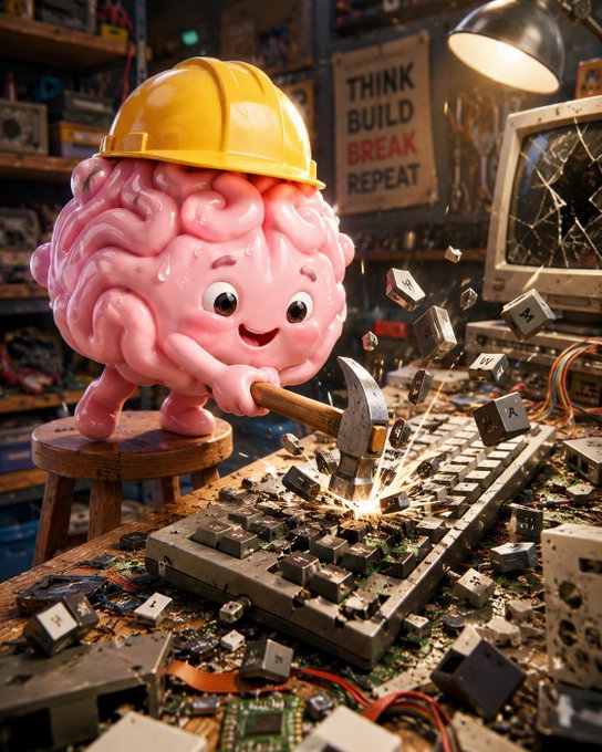 A cartoon brain character wearing a yellow hard hat swings a hammer down onto a keyboard, shattering its keys. In the background, a poster reads 'THINK BUILD BREAK REPEAT.'