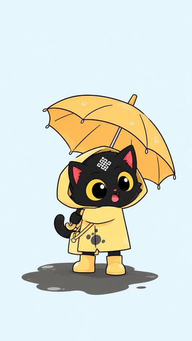 A cute cartoon illustration of a black kitten with large yellow eyes, wearing a yellow raincoat and boots while holding an orange umbrella on a light blue background.