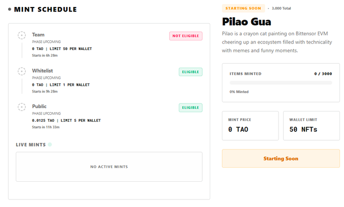 The image shows a screenshot of an active Bittensor marketplace or marketplace launchpad page, with several screens displaying information about an upcoming listing for Bitcoin coins called Pilao Gua. The screen displays details such as the coin name, its market cap, and the amount being offered in Bitcoin. Additionally, there are descriptions providing context to the coin and a summary of what is going on within the marketplace or launchpad. This information helps users understand the current state of the marketplace or marketplace launchpad they are part of or seeking to join.