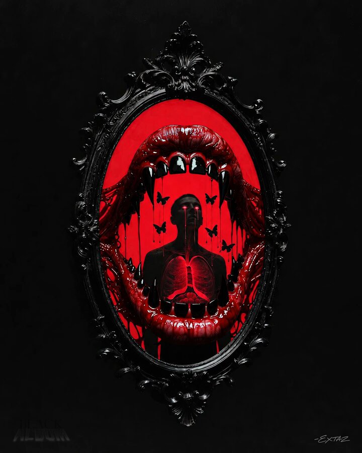 The image features a black frame with red lips, which has been used as a canvas for an art project. The artwork depicts a person's face with red lips and blood dripping down their cheeks, creating a striking visual effect. The painting is titled "My Black Album" and is part of the "Black Album" collection by @lady_cafe1. The post also mentions that there are seven albums in total, each representing a different color: Red, Blue, Green, Yellow, Orange, Purple, and White. The image has been shared on social media with the caption "My Black Album" and the hashtag "#CRIMSONNOIR".