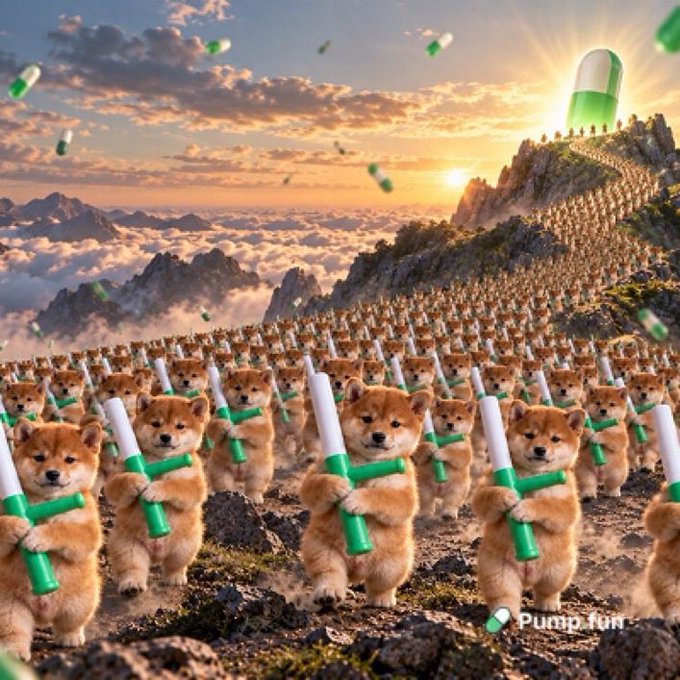 A surreal AI-generated promotional image for Pump.fun showing an army of Shiba Inu dogs marching up a mountain while holding green-and-white pill-shaped items, with a giant pill at the summit.