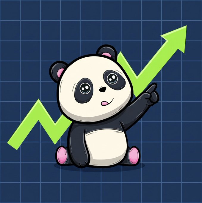 Cartoon panda with big sparkly eyes pointing at a green upward-trending arrow on a blue grid background.