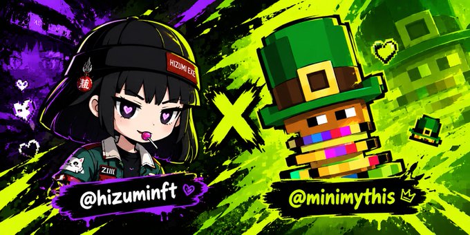 A promotional graphic features an anime-style character (@hizuminft) on the left and a pixelated leprechaun character (@minimythis) on the right, separated by a large 'X' on a green and black background.