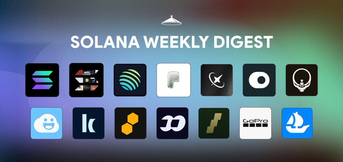 The image is a promotional graphic titled "SOLANA WEEKLY DIGEST," displayed in white text at the top with a UFO icon above it. Below the title are two rows of 14 rounded-square app icons representing various Solana-related projects, including what appears to be Phantom wallet, Jupiter, Drift, and other ecosystem dApps, set against a blue gradient background.
