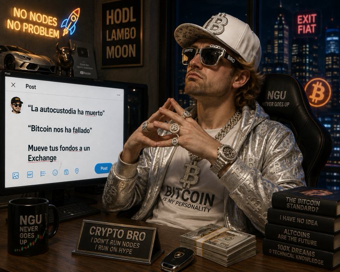 An AI-generated image of a stereotypical 'crypto bro' wearing Bitcoin-themed sunglasses, a silver jacket, and a Bitcoin shirt, sitting at a desk with a Twitter post mocking self-custody and books titled 'The Bitcoin Standard?', '1 Have No Idea', 'Altcoins Are The Future', and '100X Dreams 0 Technical Knowledge'.