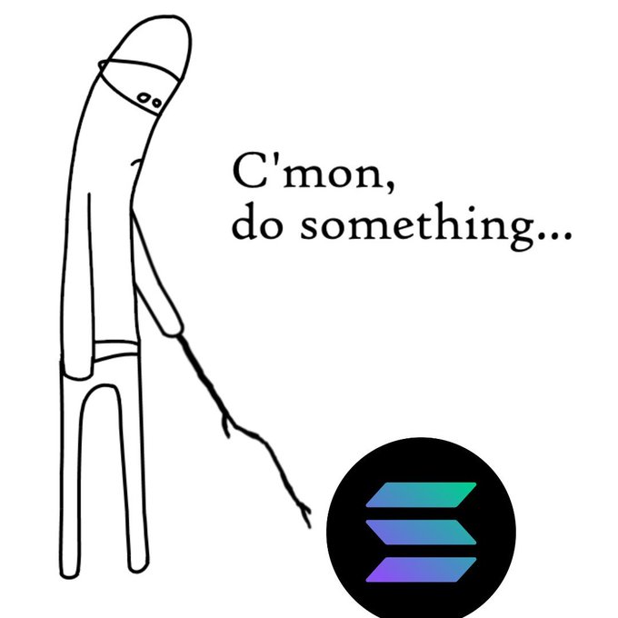 A simple line drawing meme of a hooded figure holding a stick poking the Solana logo, with text reading 'C'mon, do something...'