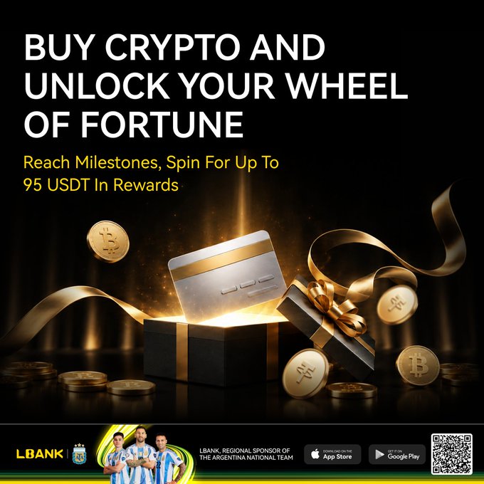 A promotional graphic for LBank featuring the headline "BUY CRYPTO AND UNLOCK YOUR WHEEL OF FORTUNE" with a subheading offering up to 95 USDT in rewards, illustrated by an open gift box overflowing with gold coins and a credit card, alongside LBank's sponsorship of the Argentina National Team and QR code linking to lbank.com/event-new/1000.