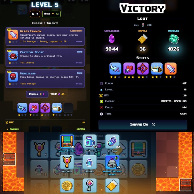 A victory screen from the game OnChain Heroes shows the player has reached Level 5 and earned the new Legendary Talent "Glass Cannon" (1.3x damage, but enemy ceiling capped at 70), finishing at Floor 18 with 144 kills and 28 ATK, alongside loot of 9044 Worldseeds, 36 Raffle tokens, and 1826 Marbles. The screenshot reflects the player's run described in the post—highlighting the risk of the Glass Cannon talent and the careful play that led to reaching the final floor on World's Eve.