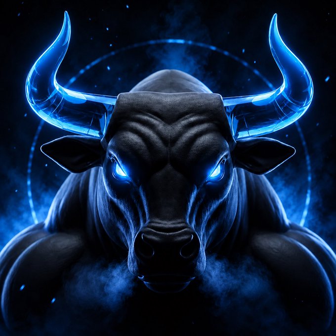 A fearsome black bull with glowing blue horns and piercing luminescent eyes dominates the dark, smoke-filled scene — embodying the "bull market" energy referenced by $ANSEM, a known Solana memecoin figure, symbolizing bullish momentum and winning potential.