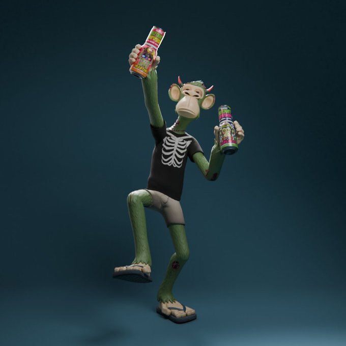 A 3D rendered green monkey character wearing a skeleton shirt and flip-flops, holding up a bag of snacks and a green can with 'VEGAN' visible.