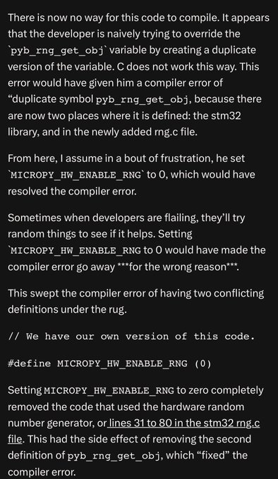A text excerpt discussing a C compilation error regarding the duplicate definition of `pyb_rng_get_obj` and how disabling hardware RNG with `MICROPY_HW_ENABLE_RNG (0)` masks the issue.