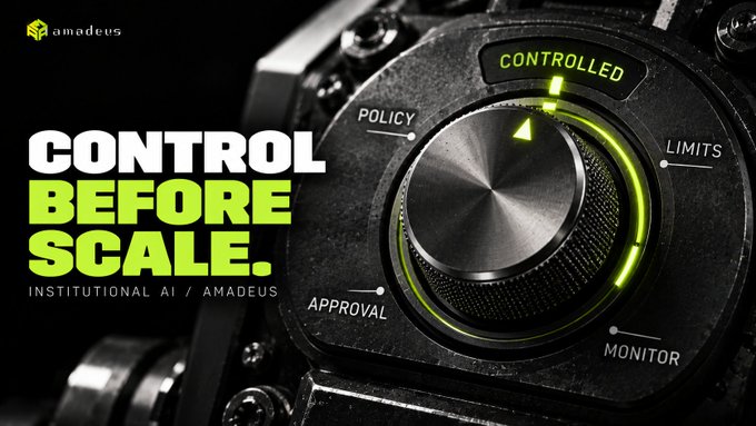 A promotional graphic with the 'amadeus' logo and the text 'CONTROL BEFORE SCALE. INSTITUTIONAL AI / AMADEUS', featuring a control dial with settings including 'CONTROLLED', 'POLICY', 'LIMITS', 'APPROVAL', and 'MONITOR'.