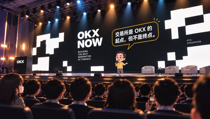 An event scene at the 6th Singapore OKX NOW conference, featuring the slogan 'Building the Next Generation of Finance' on stage, with a Chinese caption saying '交易所是 OKX 的起点，但不是终点' (The exchange is OKX's starting point, not the endpoint).