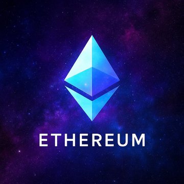 The Ethereum logo (ETH) is displayed in blue diamond shapes against a purple and blue cosmic background with the word "ETHEREUM" beneath it.