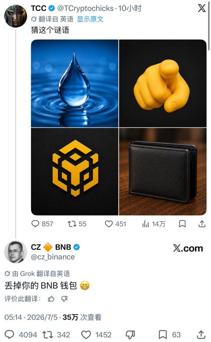 A screenshot of an X post showing a riddle by @TCryptochicks featuring four images (water droplet, pointing finger, BNB logo, wallet), to which @cz_binance replied "丢摔你的 BNB 钱包 🙃" (Lose/drop your BNB wallet 🙃), relating to the accompanying post about tracking a mystery wallet that turned $1,120 into $212.6K using GMGN.