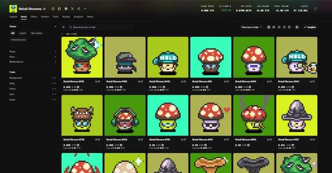 Screenshot of an NFT marketplace showing a collection called 'Retail Shrooms' featuring pixel art mushroom characters with various attributes listed, and a CLAIM PRICE of 0.0001 ETH.