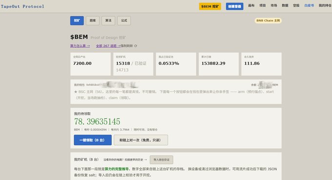 The image shows the TapeOut Protocol website displaying a Proof of Design (矿证) page for the $BEM token, with metrics including 7,200.00 output value, 15318 issued tokens out of 14713, a difficulty of 0.0533%, total computing power of 153882.29, and a personal hashrate of 78.39635145 with a BCH reward of 0.00004594. This aligns with the post celebrating $BEM and TapeOut's mining progress, visually confirming the ongoing mining activity ("keep it up") with active hashrate and issued tokens metrics shown.