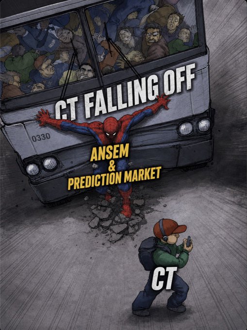 The image is a meme featuring Spider-Man straining to hold up a crowded bus labeled "CT FALLING OFF" with the words "ANSEM & PREDICTION MARKET" on Spider-Man's chest, while a small figure labeled "CT" (Crypto Twitter) walks away taking a photo, oblivious to the impending disaster—illustrating how CT ignores serious issues to manufacture drama over trivial topics like Ansem and prediction markets.