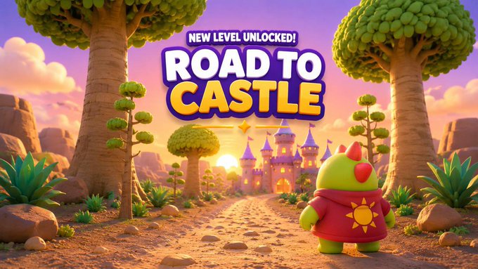 A cute green dinosaur character in a red sun-emblazoned cloak stands before a glowing castle on a desert path, with bold text announcing "NEW LEVEL UNLOCKED! ROAD TO CASTLE" overhead. The whimsical, game-like scene illustrates the post's announcement of a new chapter beginning in the Sleepagotchi universe, where the journey toward the Castle symbolizes courage, teamwork, and an unfolding adventure for Dino and the community.