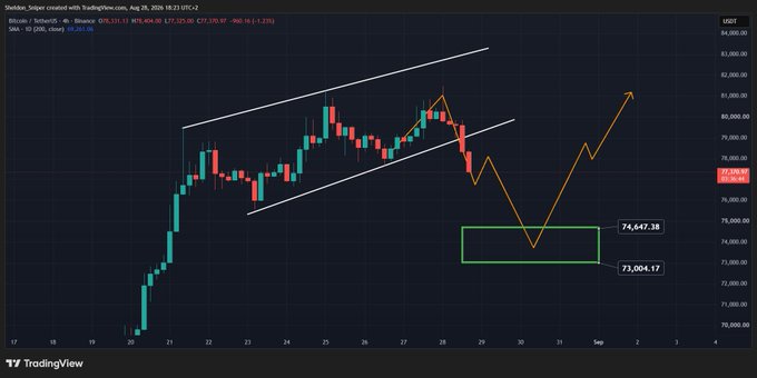A 4-hour Bitcoin (BTC/USD) chart on TradingView shows a falling channel breakout followed by an extended move below it, with an orange projected path indicating a potential bounce from the $73,004–$74,647 support zone (green box) toward $80,000+, aligning with the post's view of a flush-out followed by a buying opportunity.