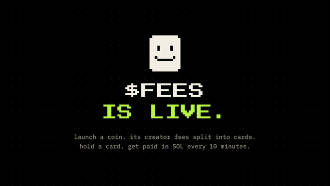 Pixel-art promotional graphic reading “$FEES IS LIVE.” and “launch a coin. its creator fees split into cards. hold a card, get paid in $OL every 10 minutes.”