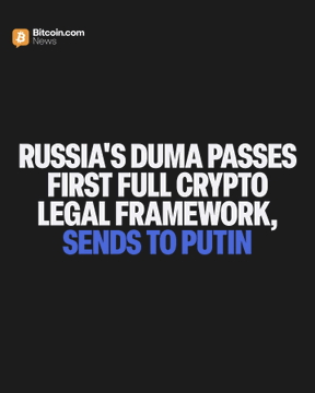 A Bitcoin.com news graphic announcing that Russia's Duma has passed its first full crypto legal framework, classifying Bitcoin and digital assets as property (effective Sept 1, 2026), and sent it to Putin for signing.