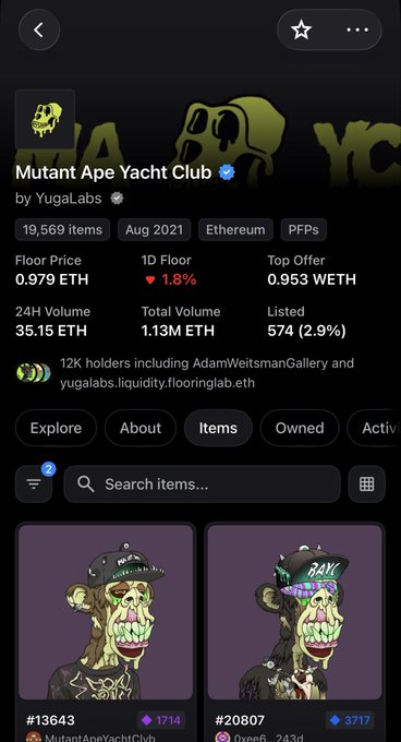 A screenshot from OpenSea showing the "Mutant Ape Yacht Club" NFT collection by YugaLabs, with 19,569 items, floor price of 0.979 ETH, and visible mutant ape NFTs numbered #13643 and #20807.