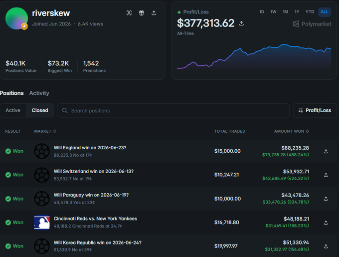 A Polymarket profile page for user 'riverskew' showing an all-time profit/loss of $377,313.62, with 6.4K views, joined June 2026, and closed winning positions including bets on England winning on 2026-06-23 for $88,235.28 and Switzerland winning on 2026-06-13 for $53,932.71.