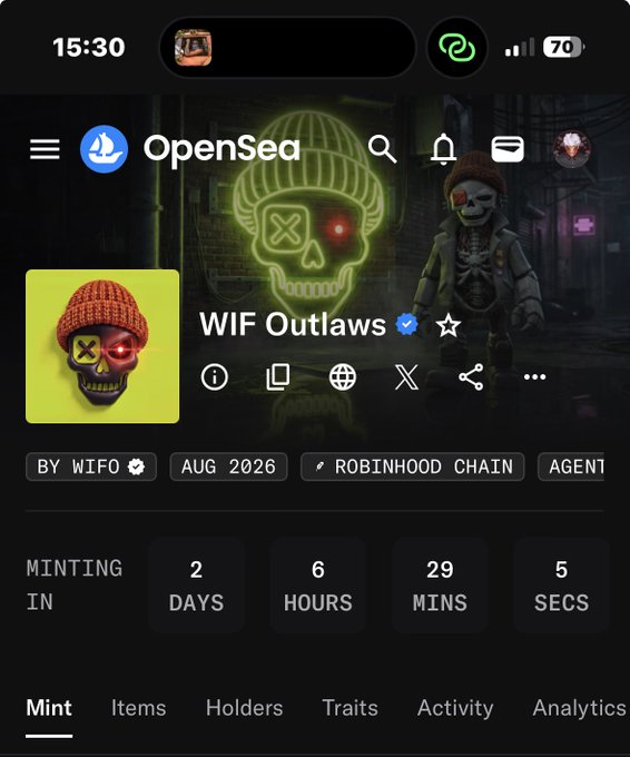A mobile screenshot of the OpenSea platform showing a project titled 'WIF Outlaws' by WIFO, with tags indicating 'AUG 2026', 'ROBINHOOD CHAIN', and 'AGENT', alongside a mint countdown timer.